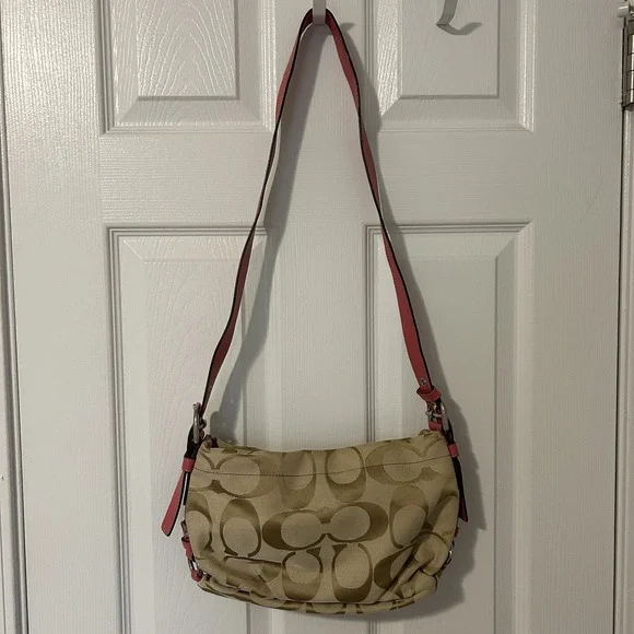 Coach Signature Canvas Print Pink Leather Trim Crossbody Bag Y2K Fashion Style - Picture 2 of 4